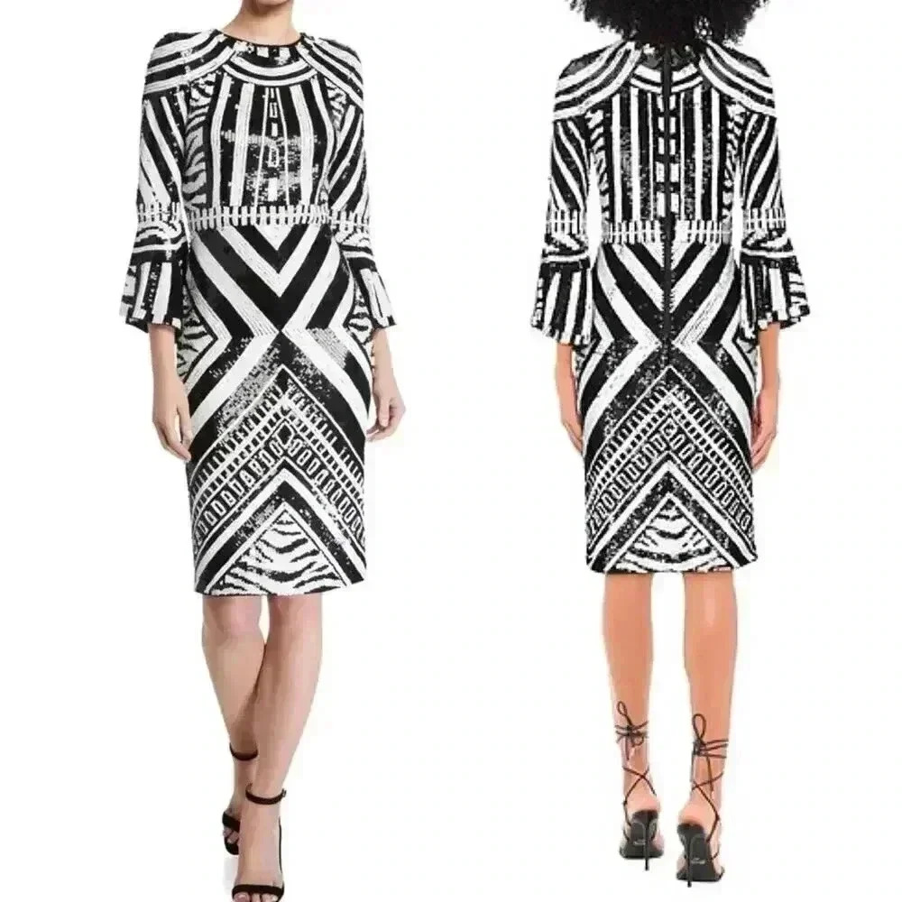 NWT Alice + Olivia Jae Sequin Fitted Cocktail Gown Dress Size 4 Black White